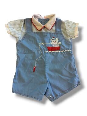 Vintage Cradle Togs Baby Romper 6-9M Blue Sailor Teddy Bear Fishing One Piece